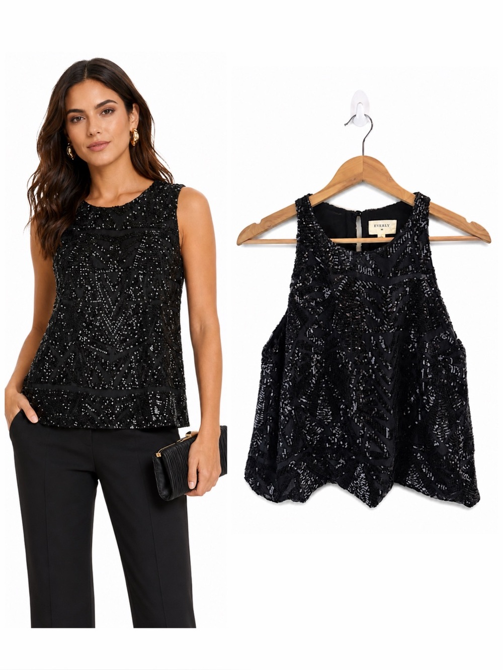 Everly Black Sequin Tank Top L Art Deco Beaded Party Cocktail Glam Sleeveless